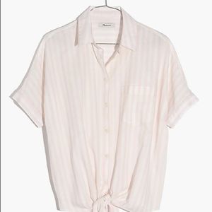 Short-Sleeve Tie-Front Shirt in Pink Stripe
